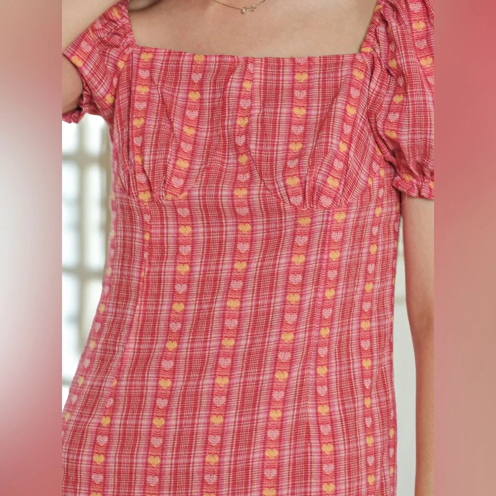 Rosie Posie Pink Yellow Heart-Patterned Plaid Puff Sleeve Dress NWT size medium - Picture 3 of 4
